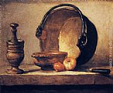 Still Life with Pestle, Bowl, Copper Cauldron, Onions and a Knife by Jean Baptiste Simeon Chardin